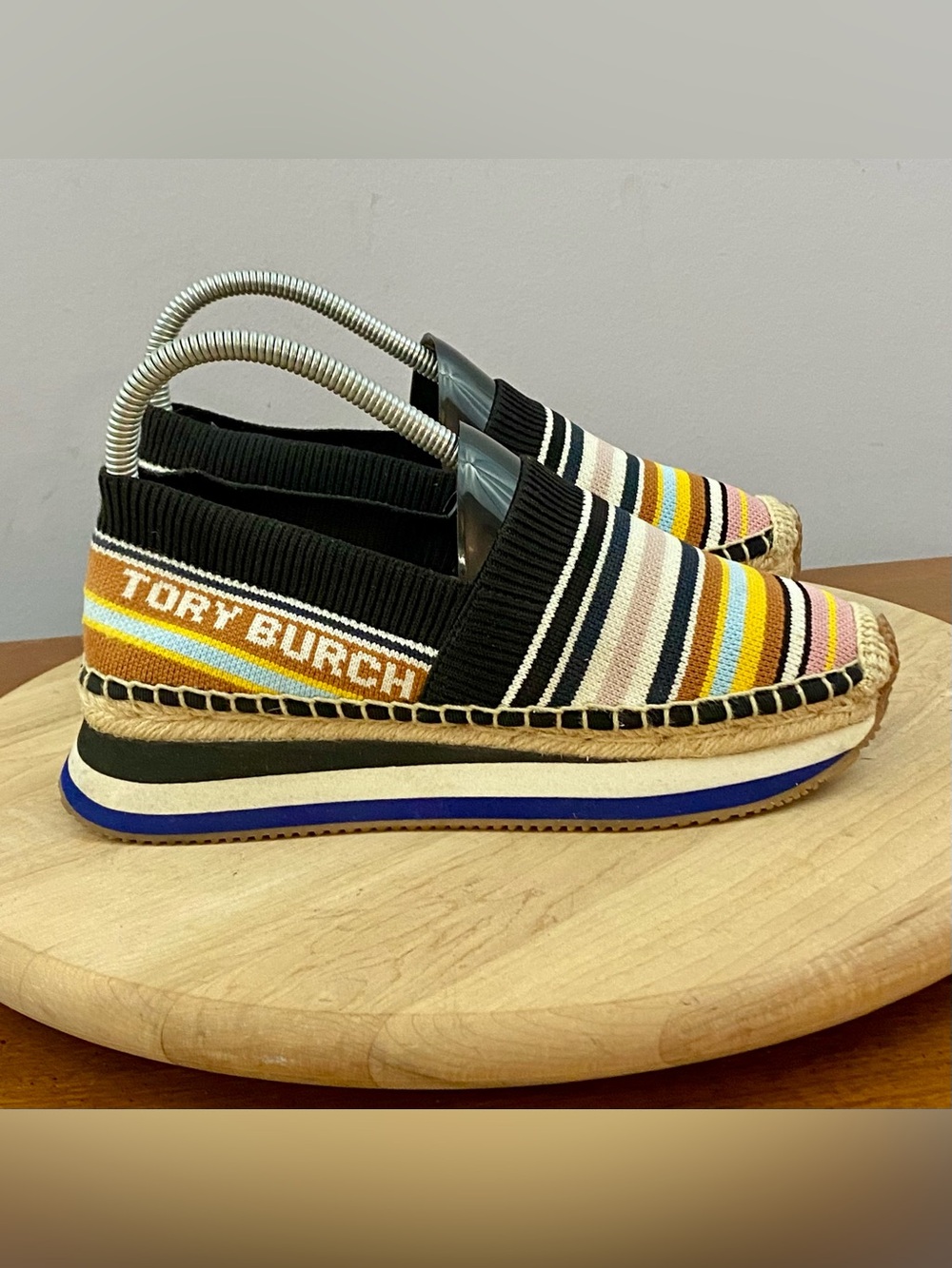 Tory Burch Daisy Multi Color Stripe Knit Espadrille Platform Shoes Womens 6